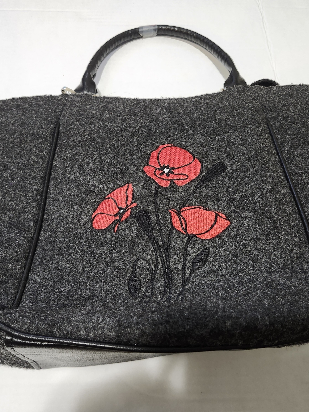 Handmadr Gray Felt Tote Bag with Red Floral Embroidery